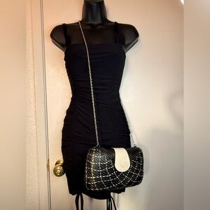 Sophisticated Woven Rattan Clutch Black & Natural Faux Snakeskin Clasp